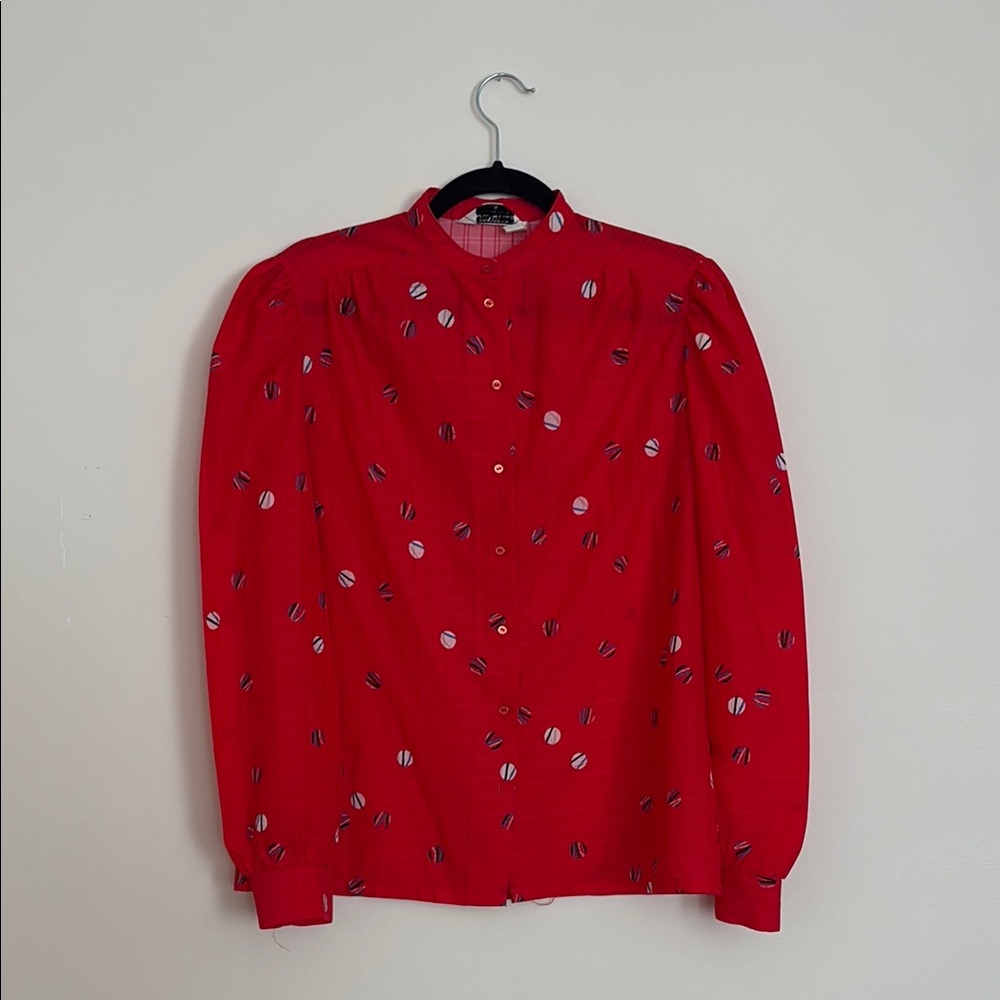 Vintage  Red Button-Up Blouse with Puff Sleeves – Playful Polka Dot Print